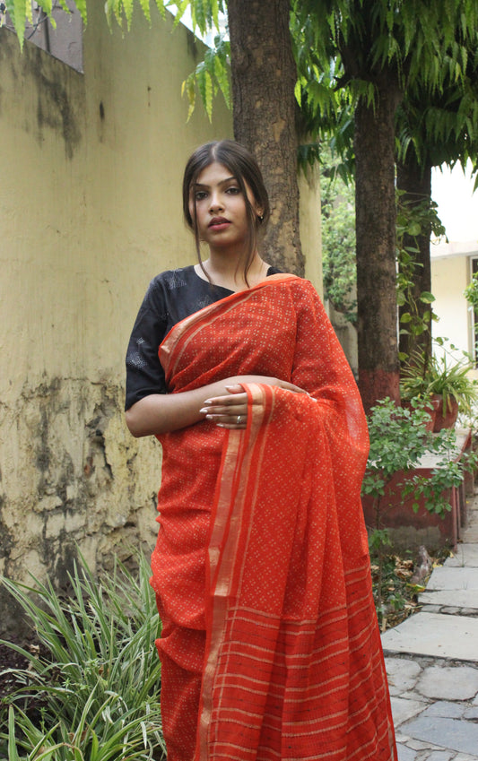 Kota Doriya Hand Embroidered Saree - Orange