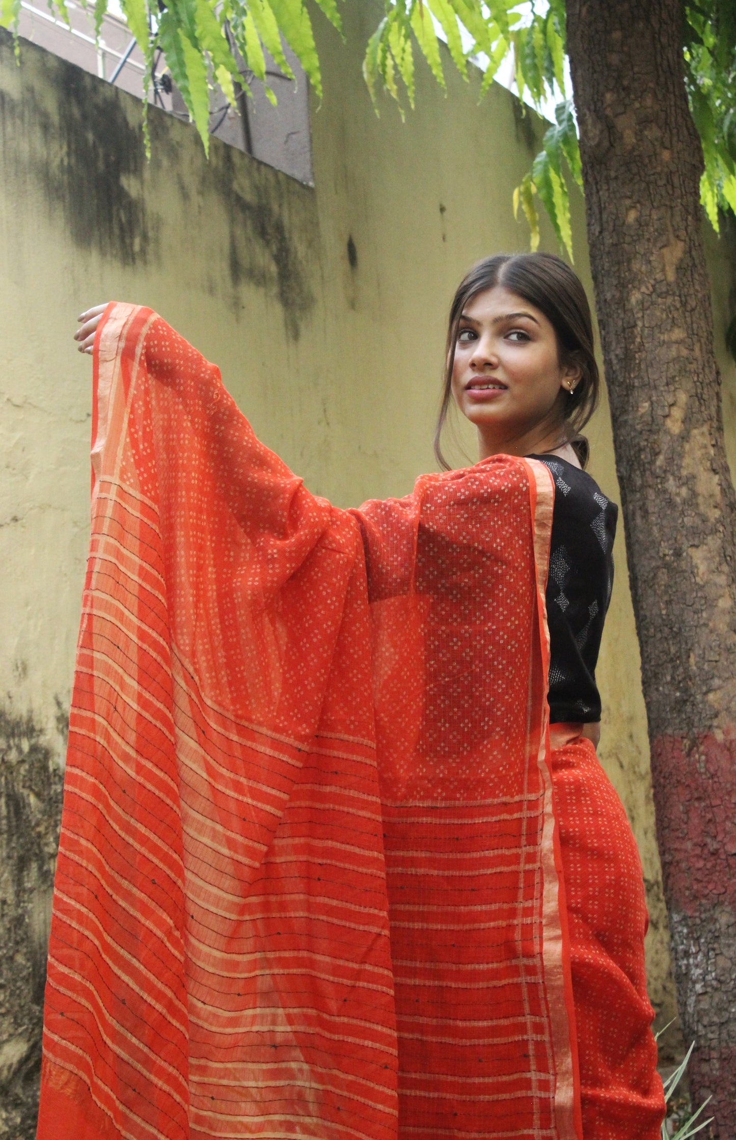 Kota Doriya Hand Embroidered Saree - Orange