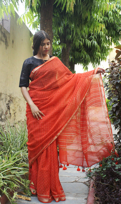 Kota Doriya Hand Embroidered Saree - Orange