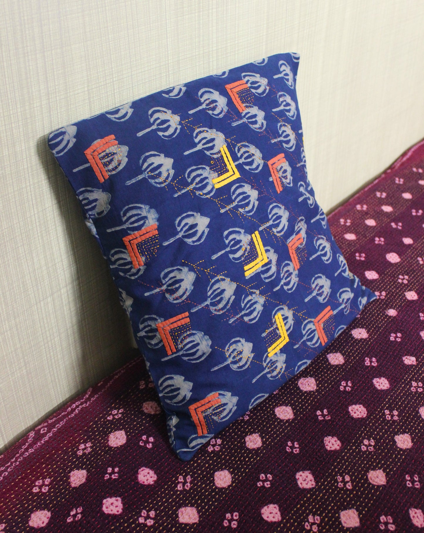 Block Printed Applique Cushion Cover - Blue