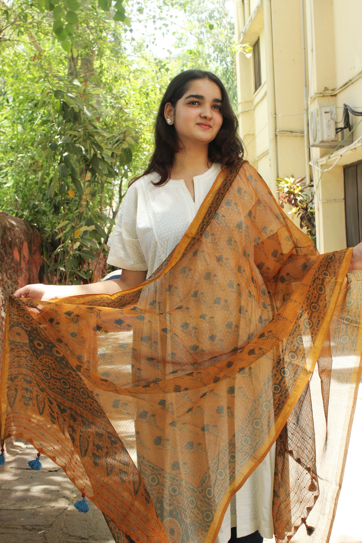 Mustard Yellow Printed Cotton kota Doriya Dupatta