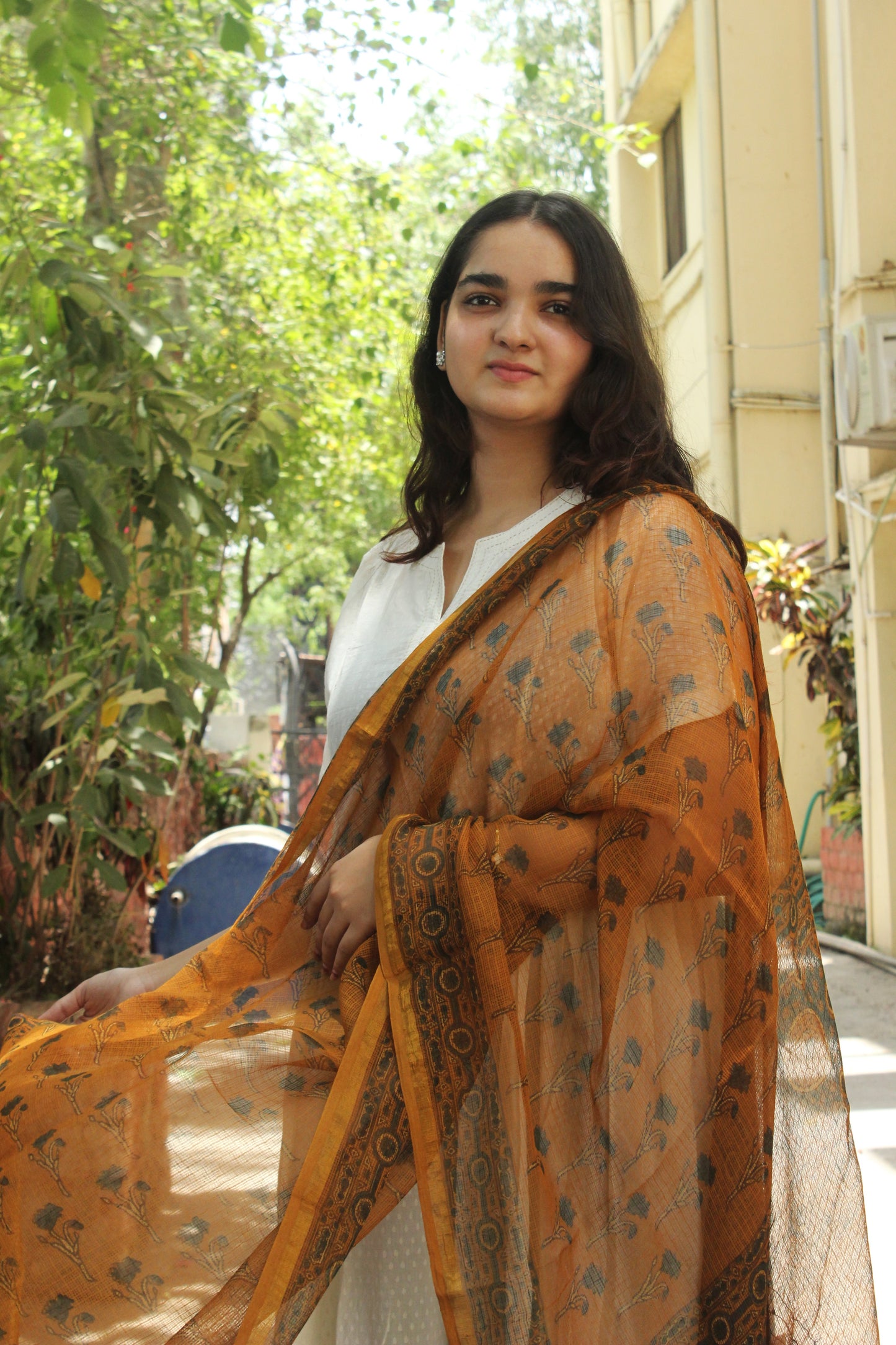 Mustard Yellow Printed Cotton kota Doriya Dupatta