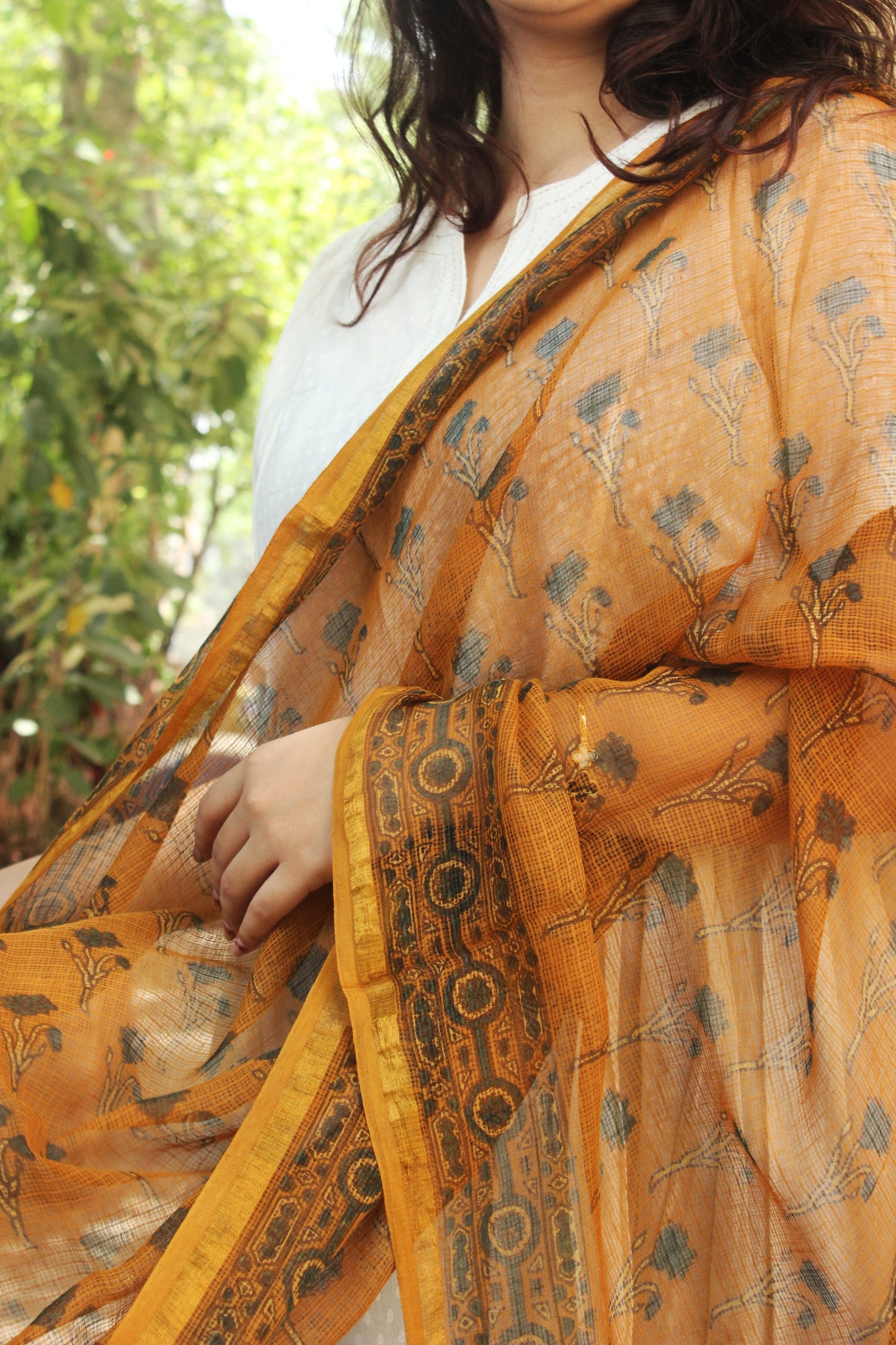 Mustard Yellow Printed Cotton kota Doriya Dupatta