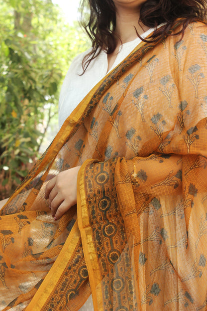 Mustard Yellow Printed Cotton kota Doriya Dupatta