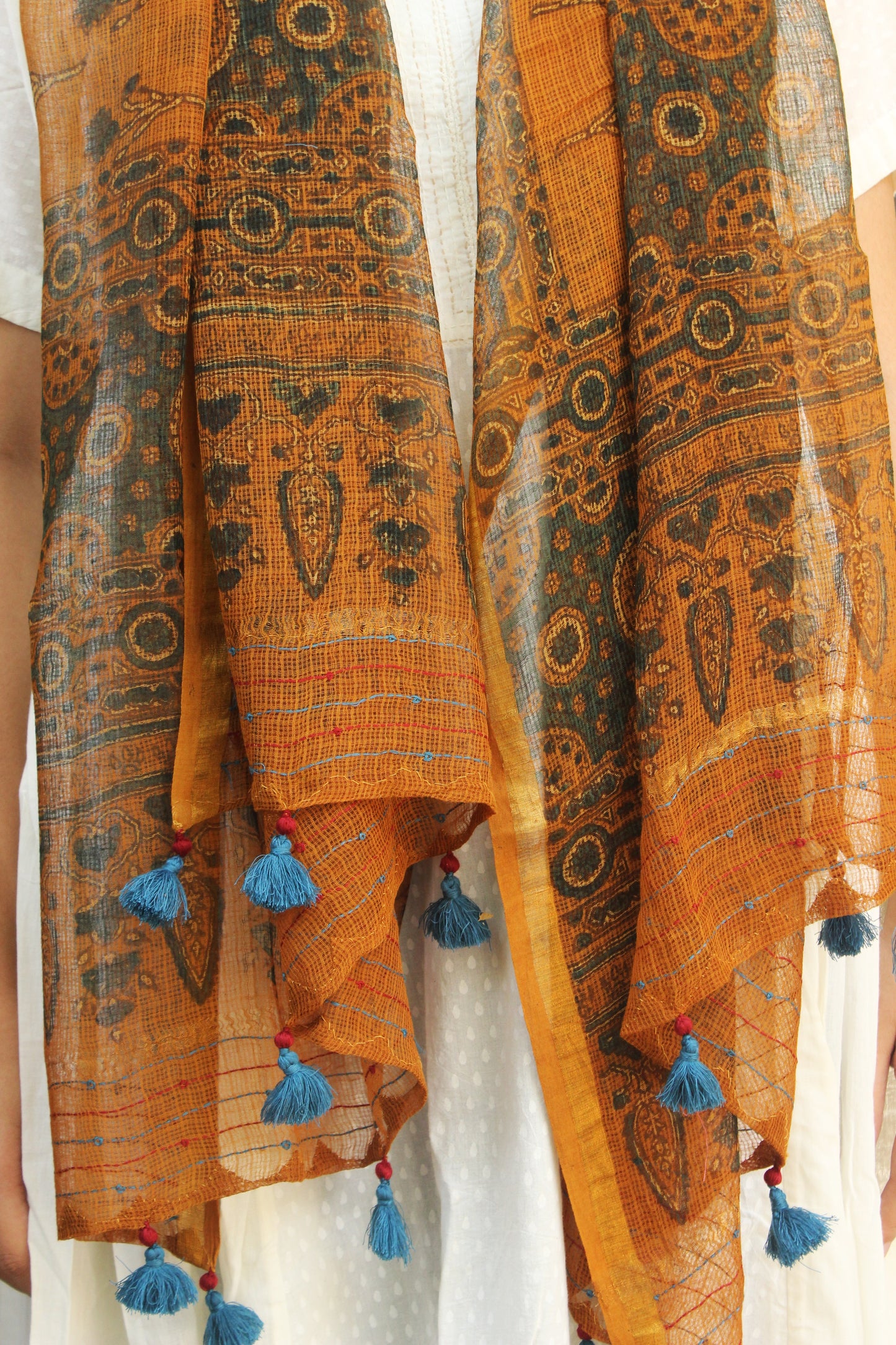 Mustard Yellow Printed Cotton kota Doriya Dupatta