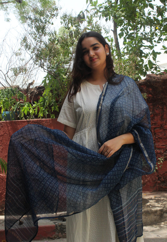 Blue muse -cotton Kota doriya with light gold zari border