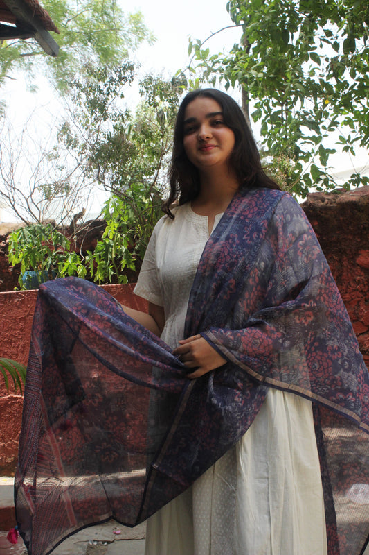 Indigo Floral Cotton Kota Doriya Dupatta