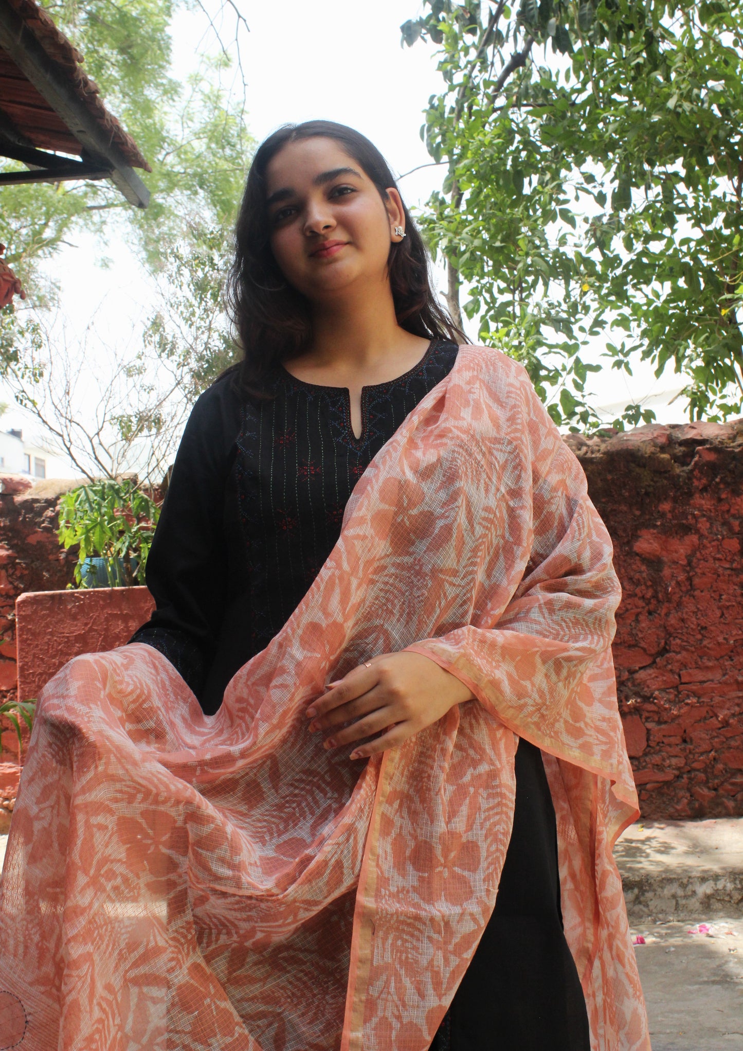 Peach Floral Cotton kota Dupatta