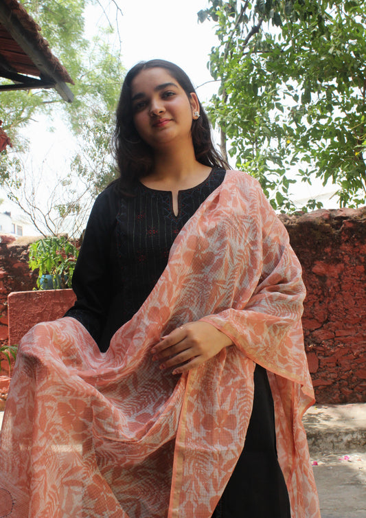 Peach Floral Cotton kota Dupatta