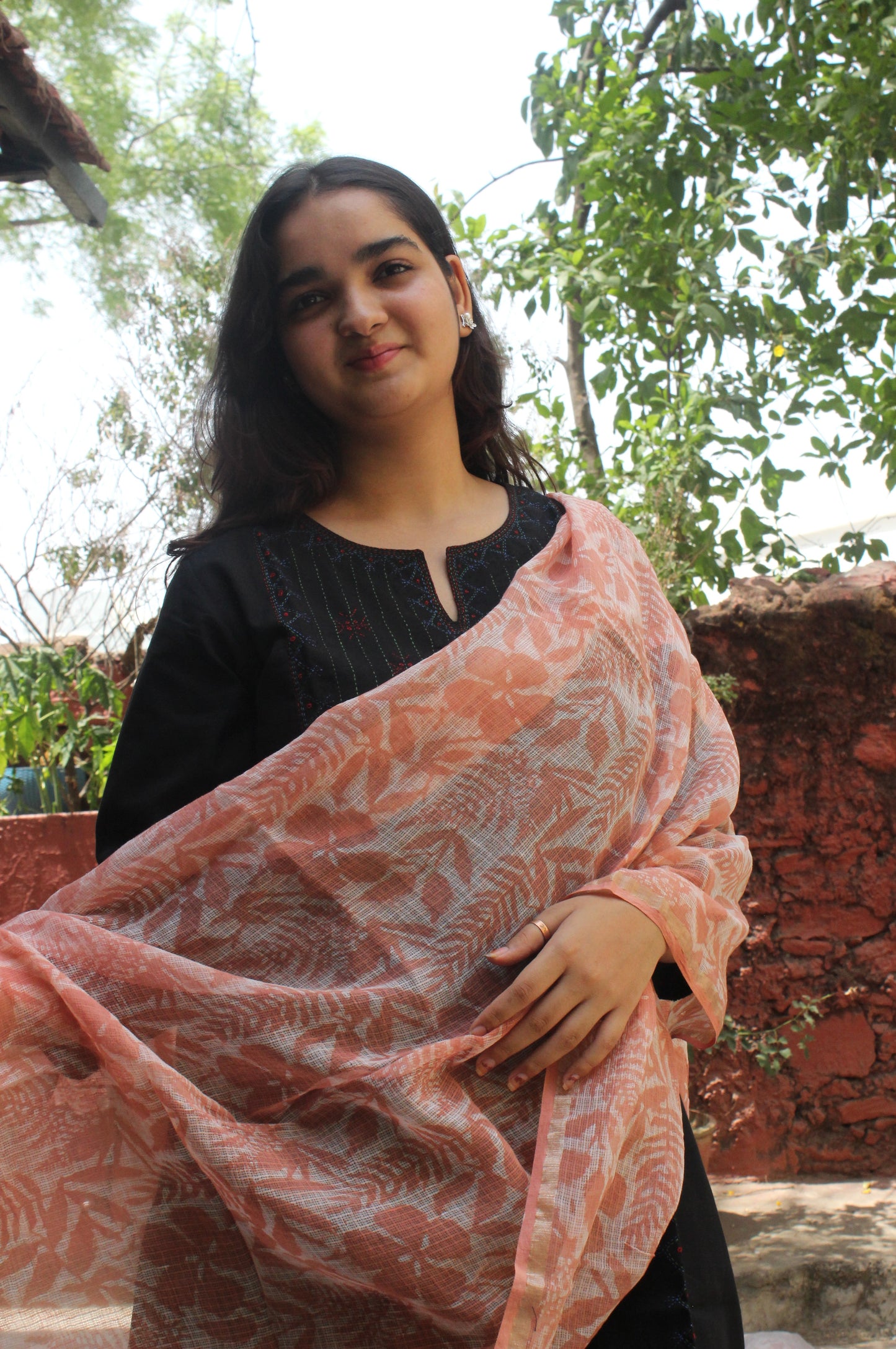 Peach Floral Cotton kota Dupatta