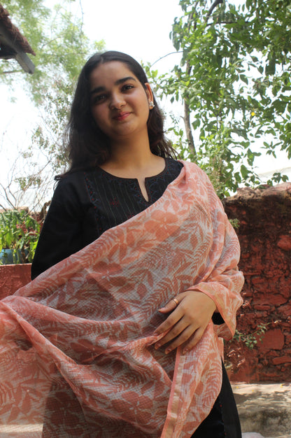 Peach Floral Cotton kota Dupatta