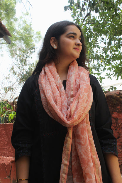 Peach Floral Cotton kota Dupatta