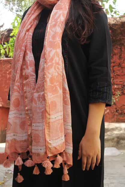 Peach Floral Cotton kota Dupatta