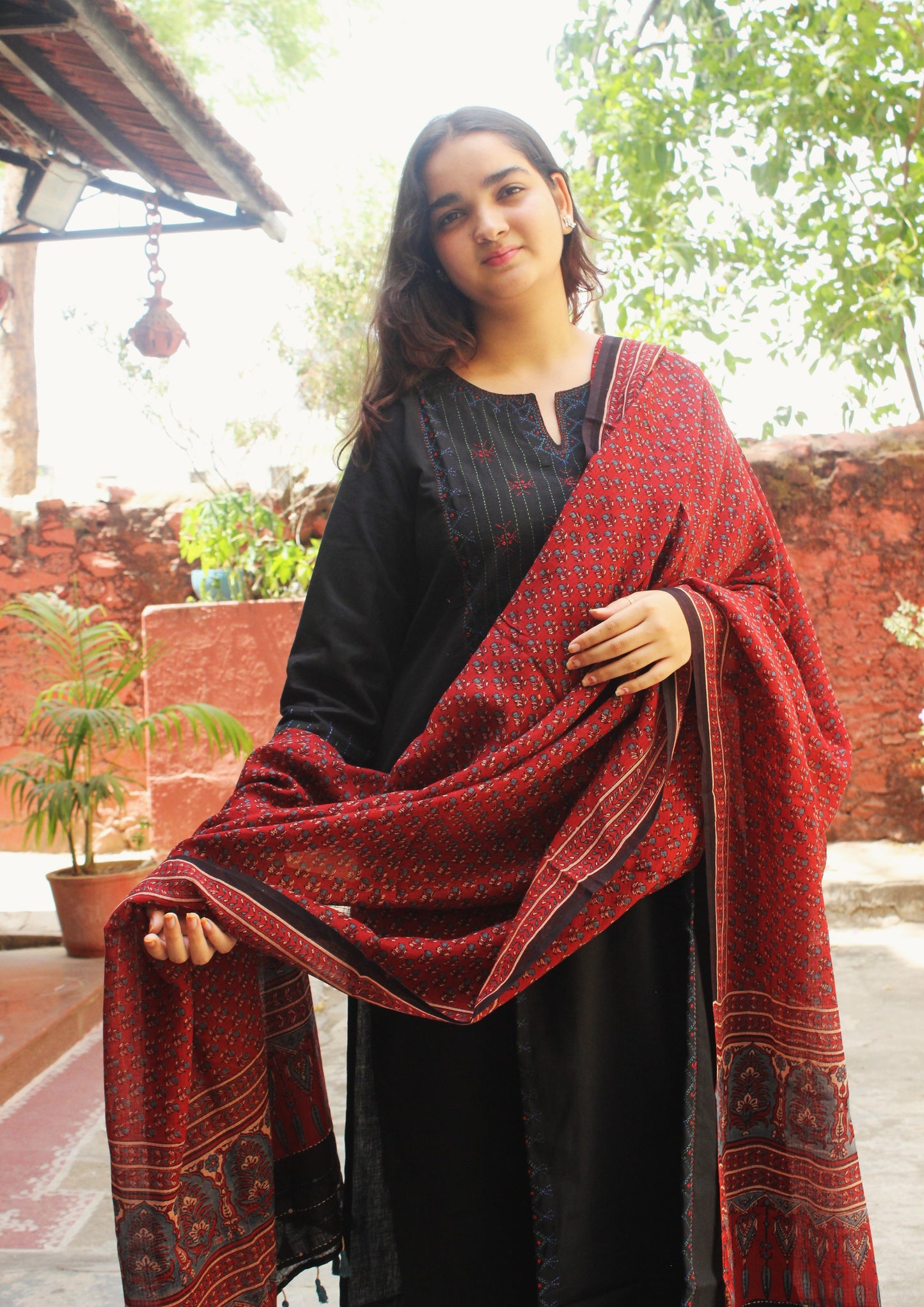 Red Ajrakh-Inspired kota Doriya Dupatta