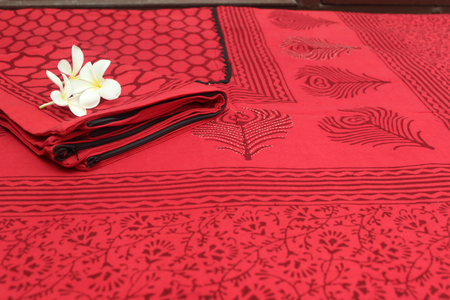 Crimson Charm Block Printed Appliqué Bedsheet