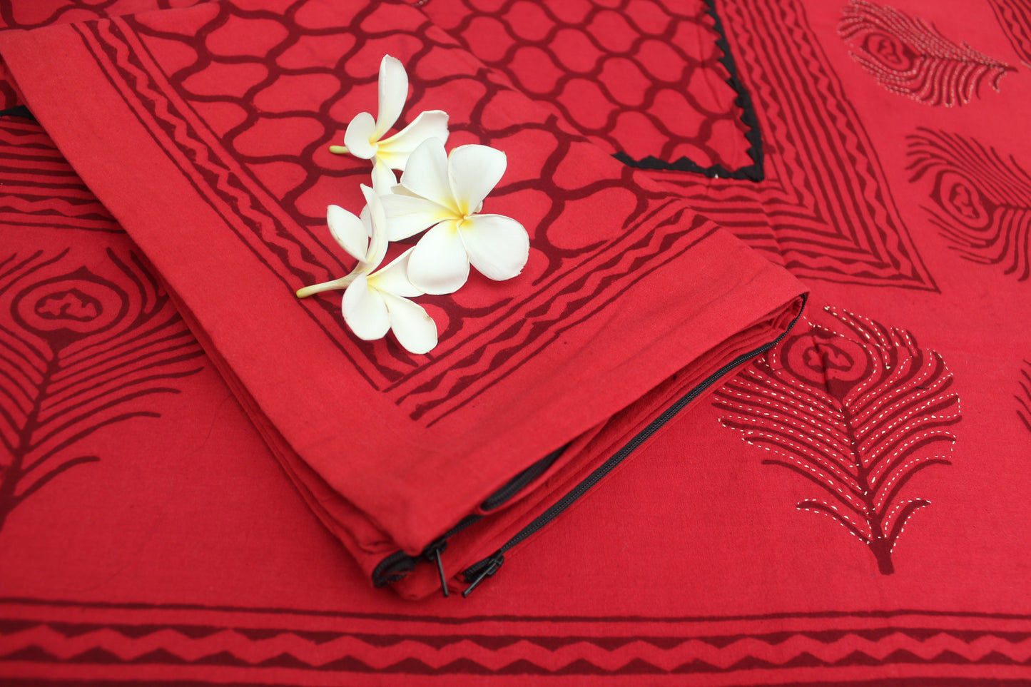 Crimson Charm Block Printed Appliqué Bedsheet