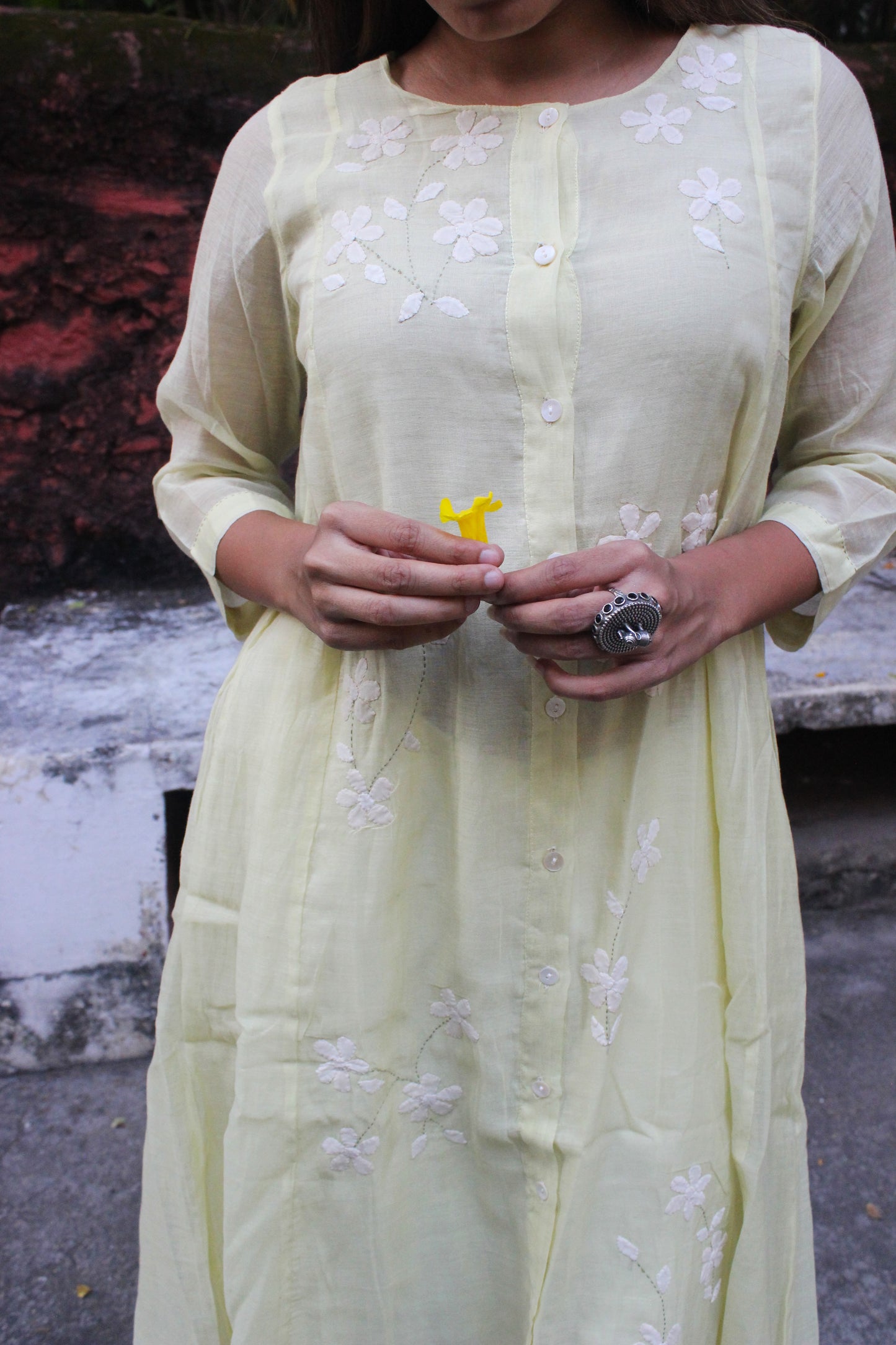 astel Yellow Chanderi Cotton A-Line Kurta with Floral Appliqué Work