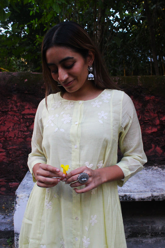 astel Yellow Chanderi Cotton A-Line Kurta with Floral Appliqué Work