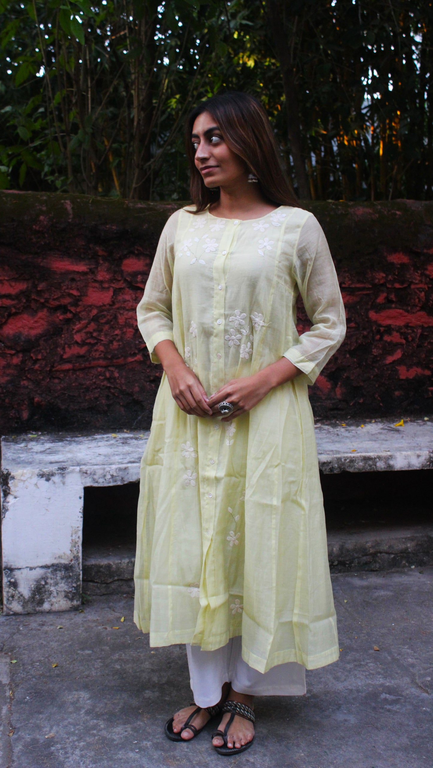 astel Yellow Chanderi Cotton A-Line Kurta with Floral Appliqué Work