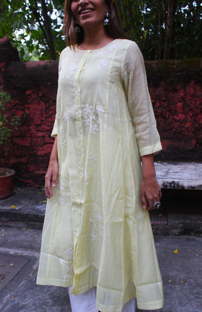 astel Yellow Chanderi Cotton A-Line Kurta with Floral Appliqué Work