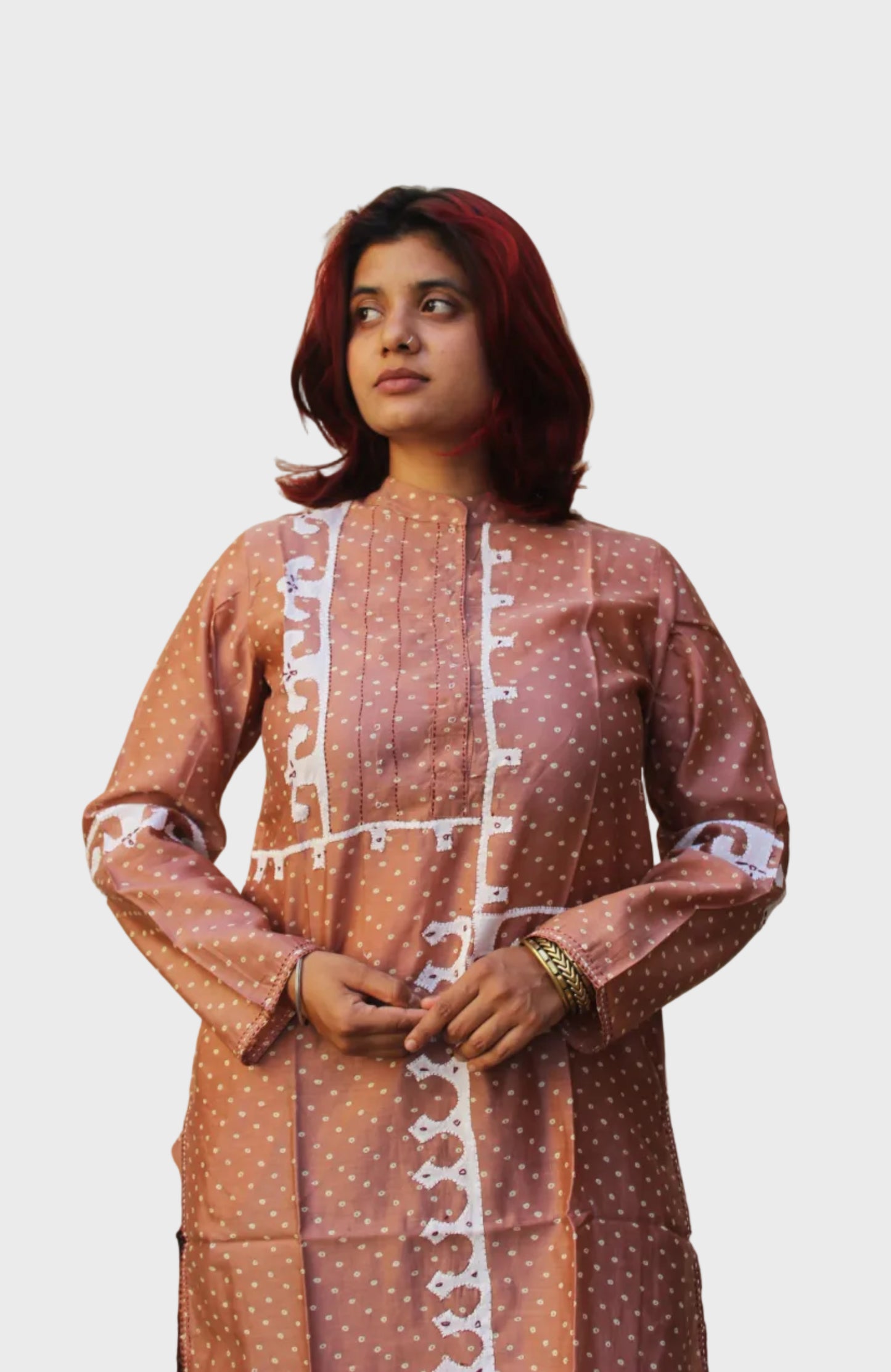 chanderi cotton bandhani kurta with applique work