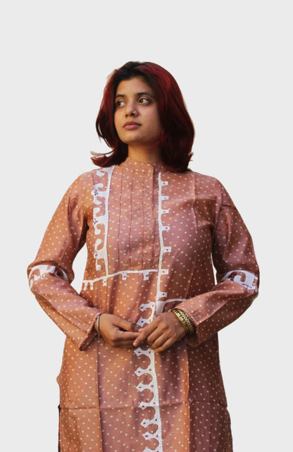 chanderi cotton bandhani kurta with applique work