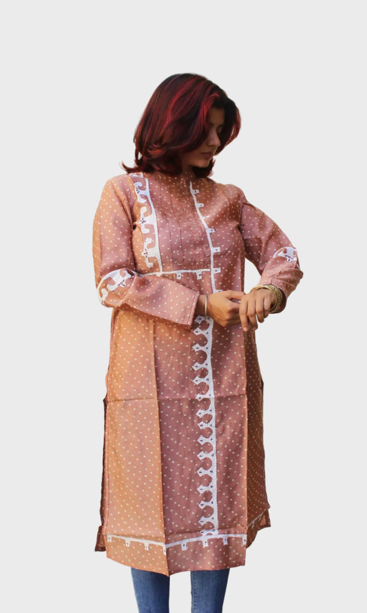 chanderi cotton bandhani kurta with applique work