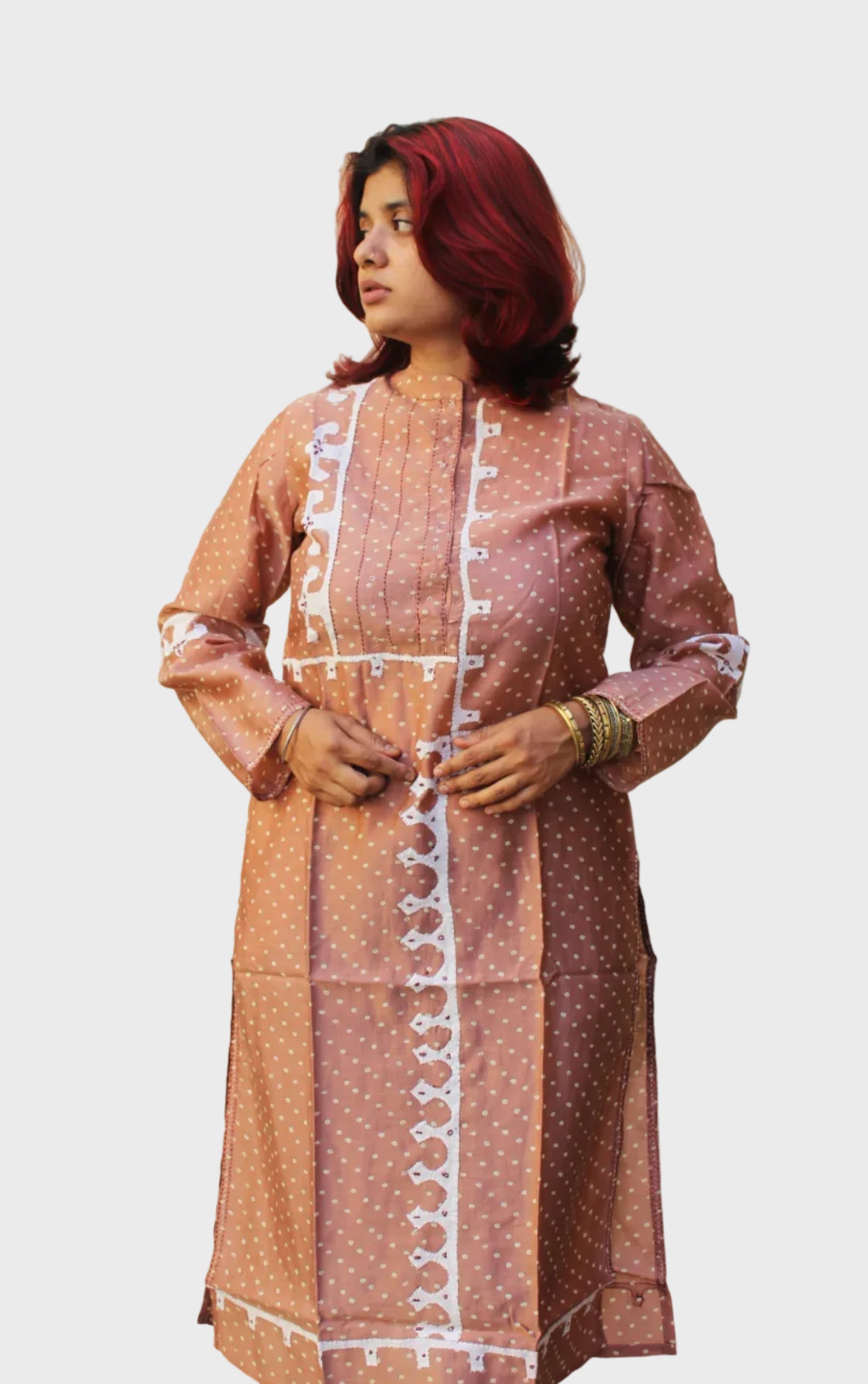 chanderi cotton bandhani kurta with applique work