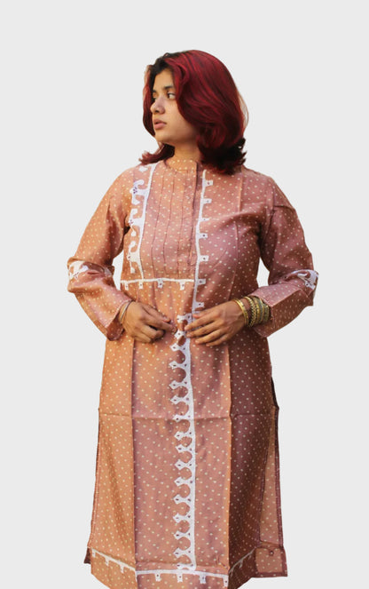 chanderi cotton bandhani kurta with applique work