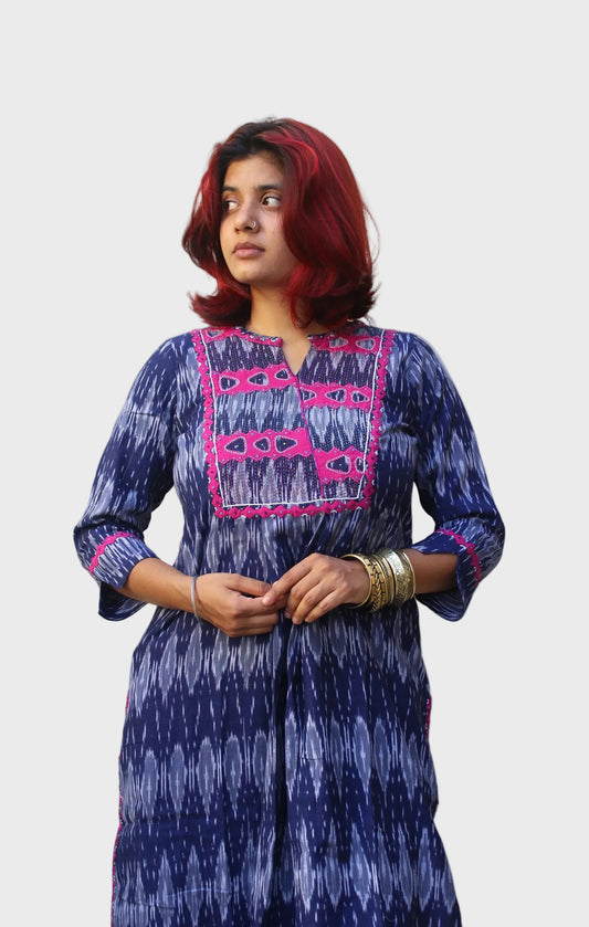 handcrafted Ikkat cotton kurta with appliqué detailing