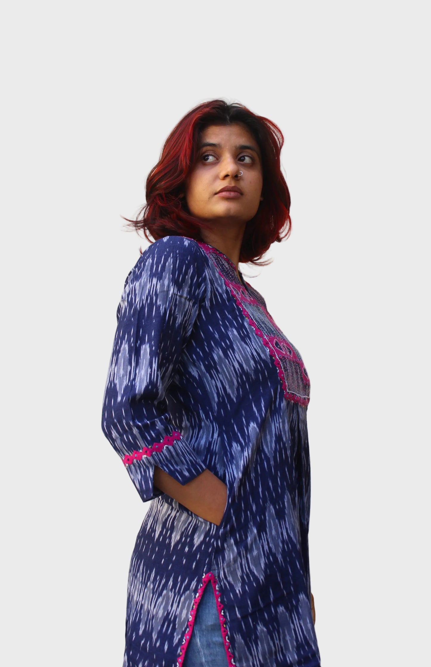 handcrafted Ikkat cotton kurta with appliqué detailing