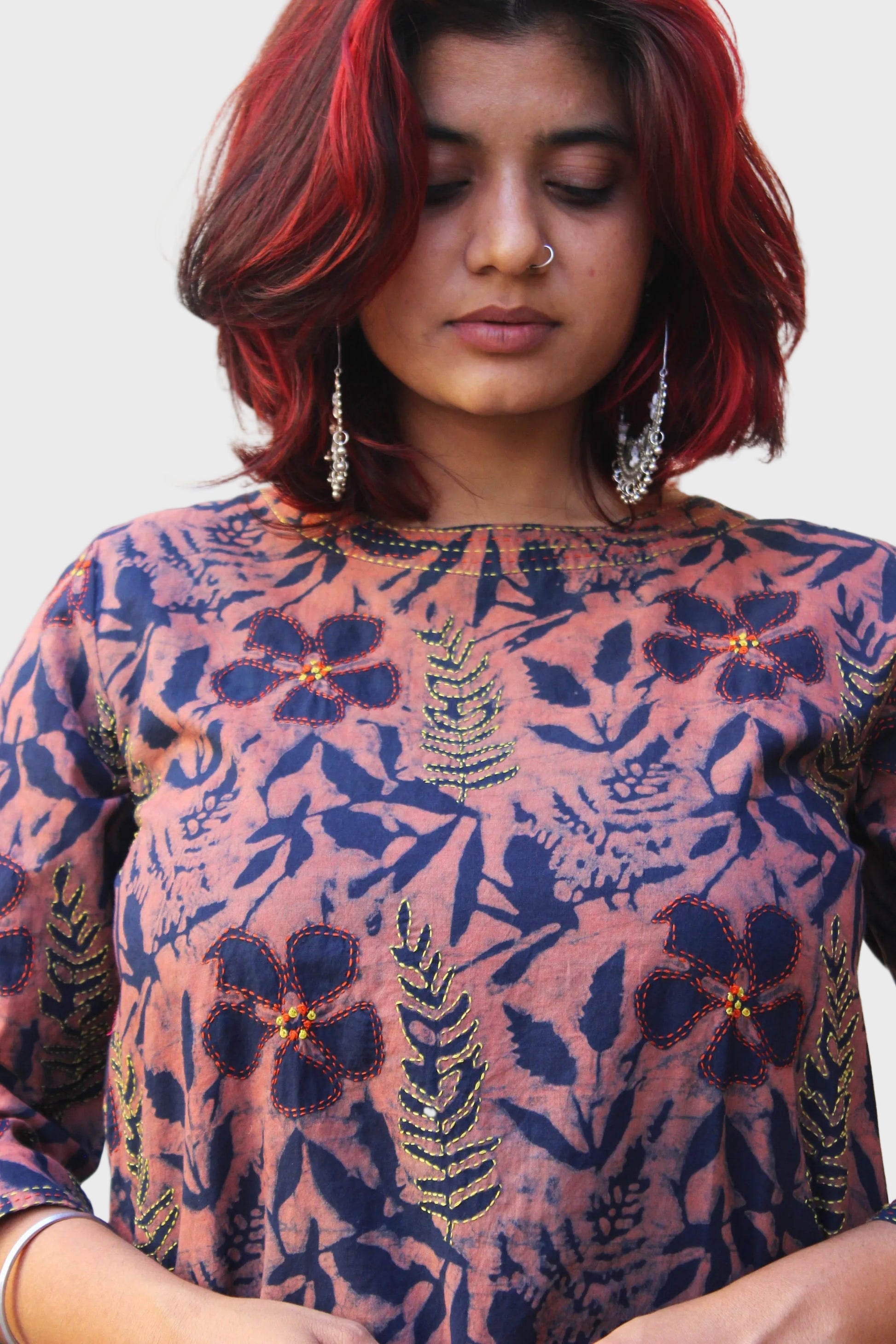 dabu printed cotton kurta with floral motifs