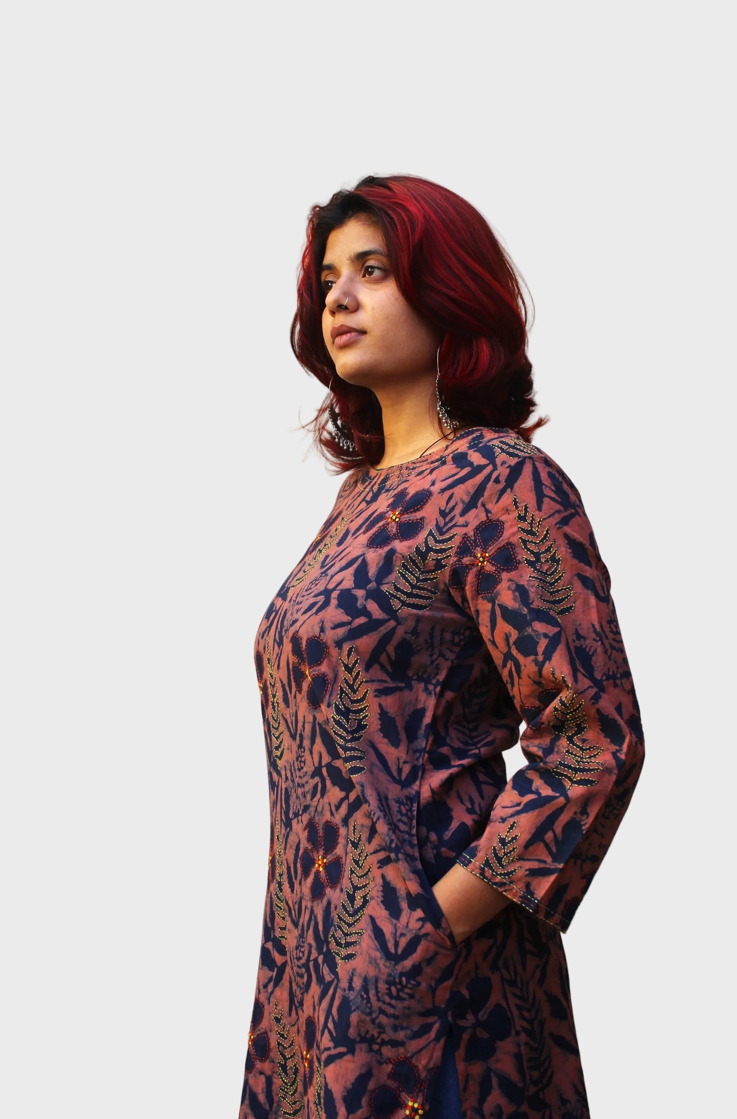 dabu printed cotton kurta with floral motifs