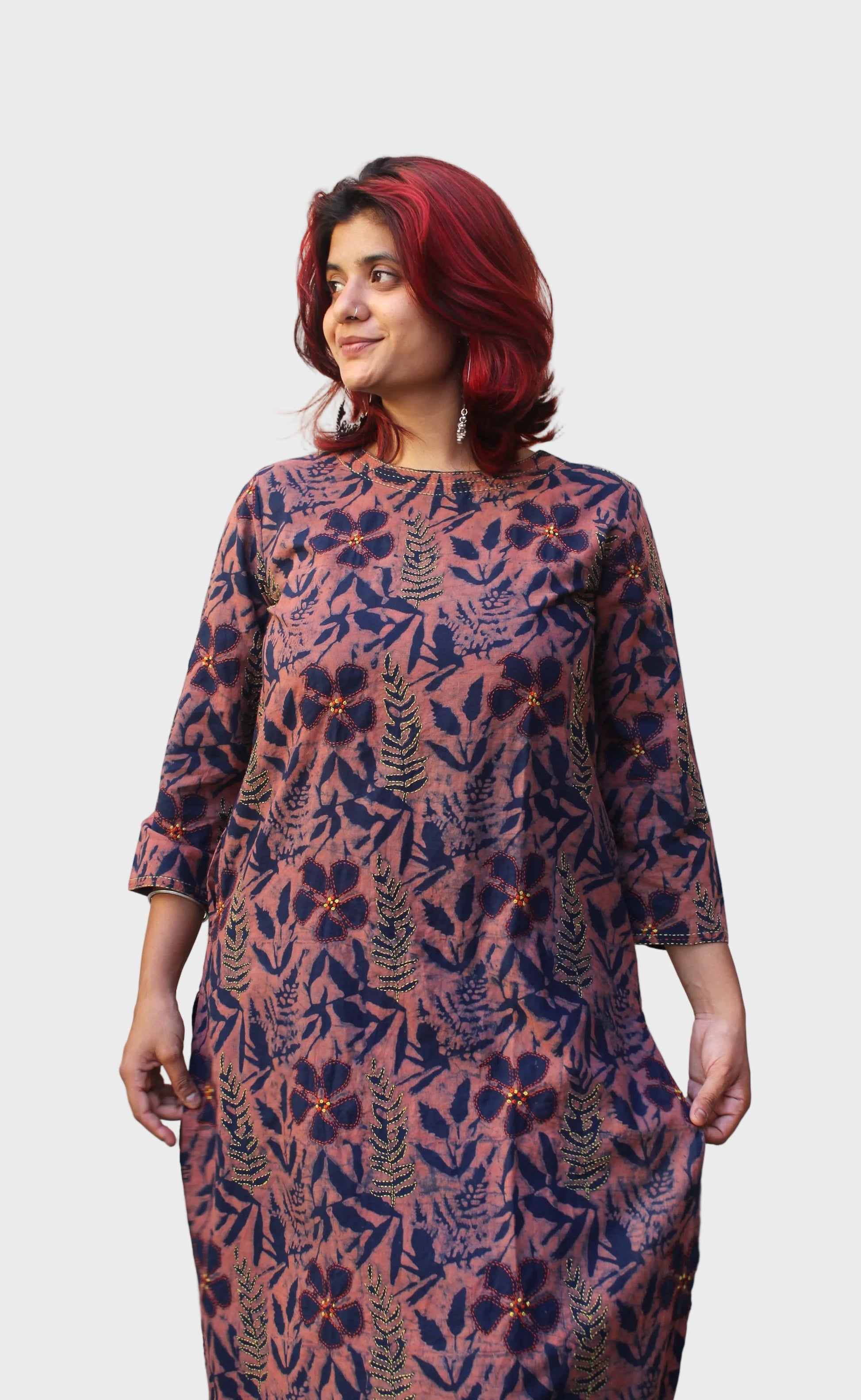 dabu printed cotton kurta with floral motifs