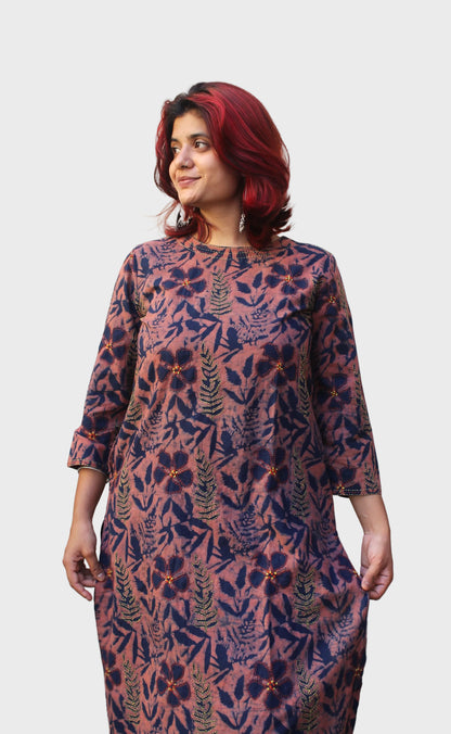 dabu printed cotton kurta with floral motifs