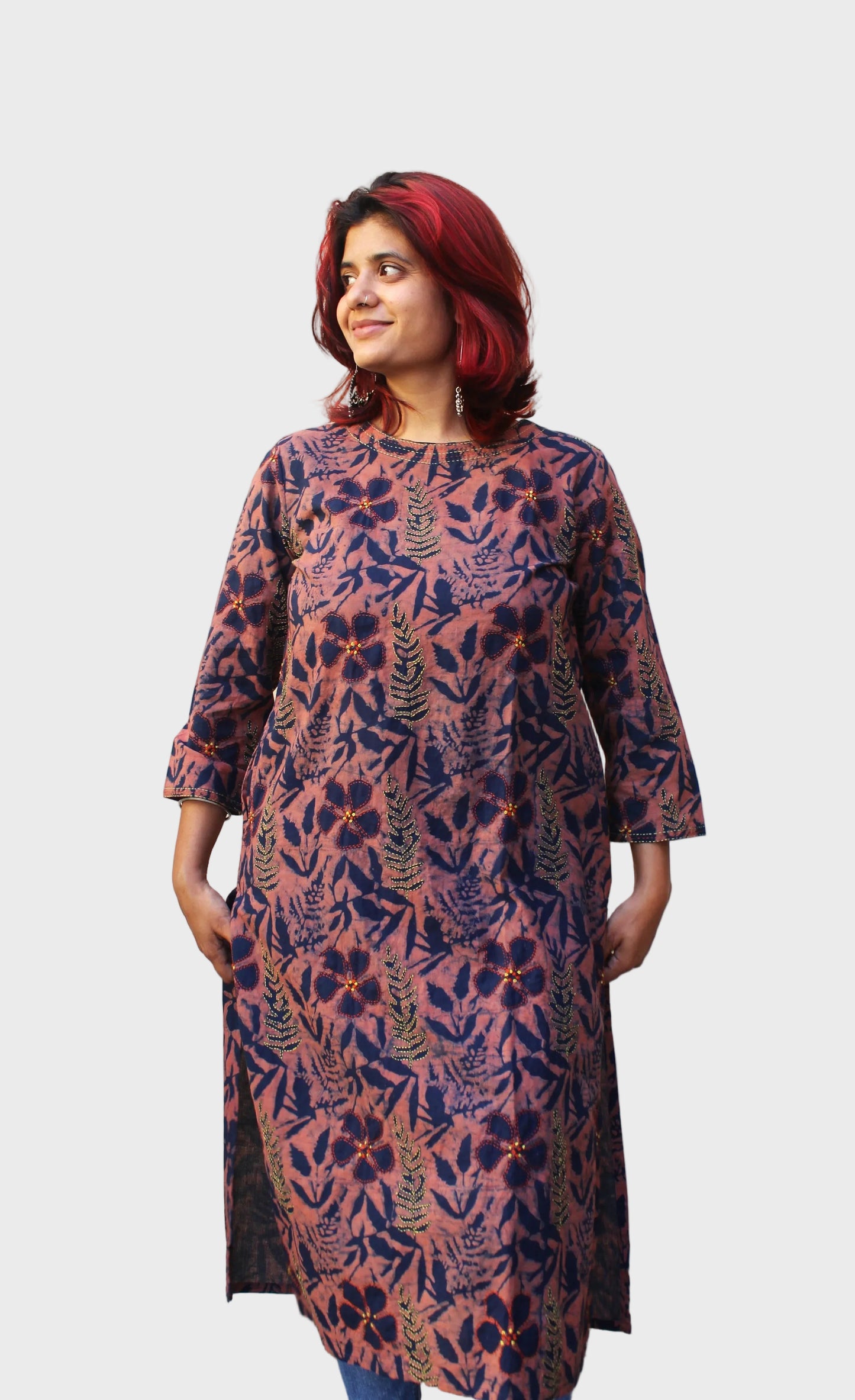 dabu printed cotton kurta with floral motifs