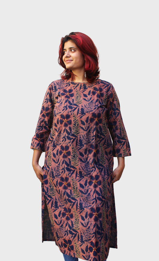 dabu printed cotton kurta with floral motifs