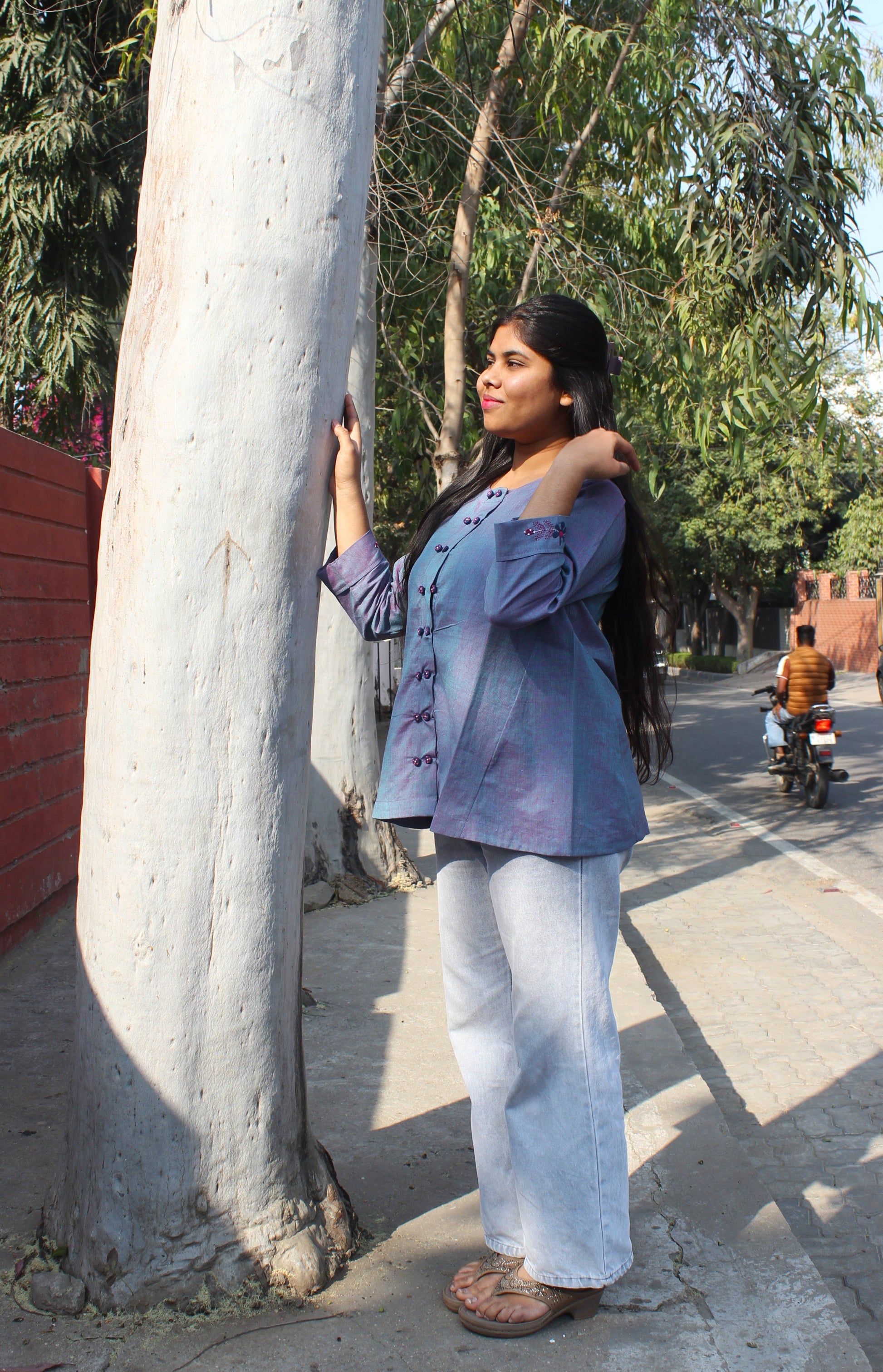 Aarohi dusty navy A-line cotton top with hand embroidery