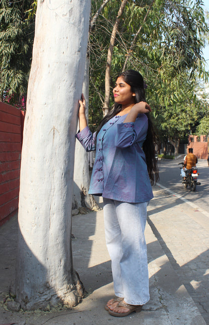 Aarohi dusty navy A-line cotton top with hand embroidery