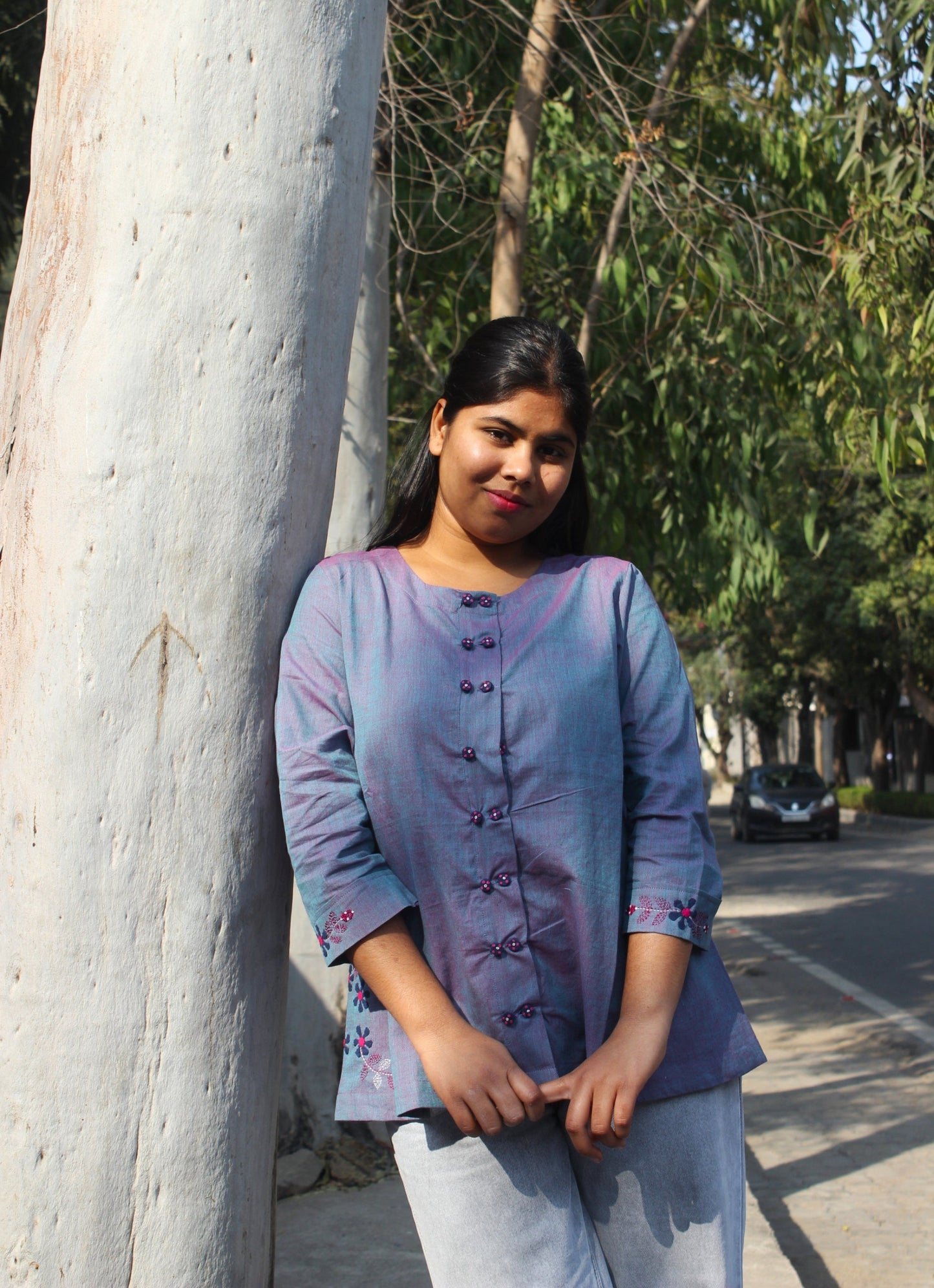 Aarohi dusty navy A-line cotton top with hand embroidery