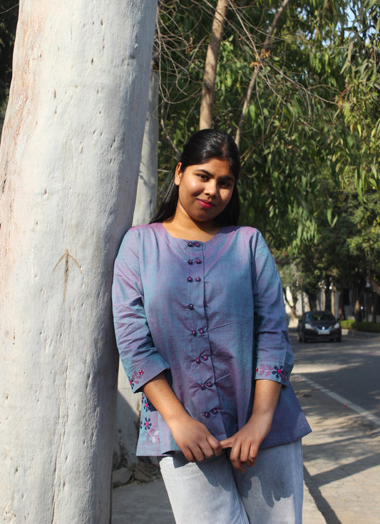 Aarohi dusty navy A-line cotton top with hand embroidery