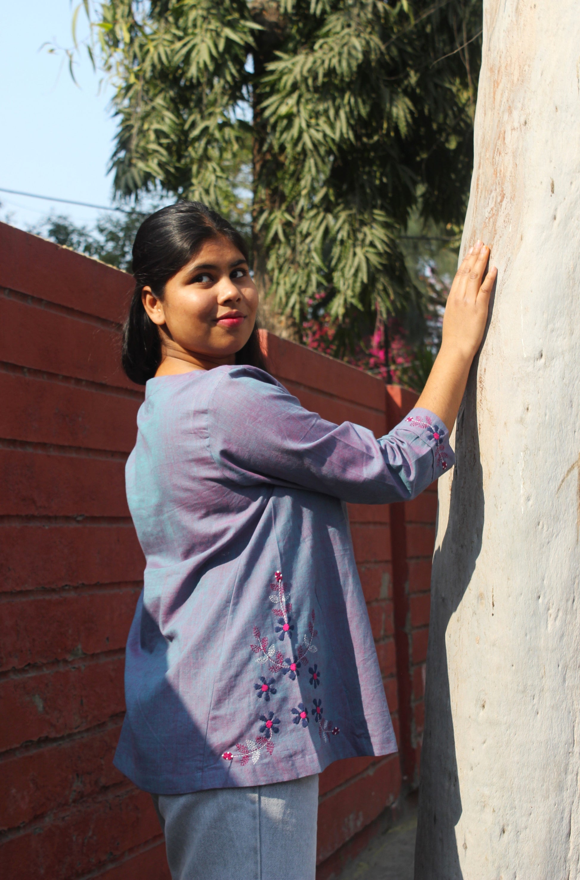 Aarohi dusty navy A-line cotton top with hand embroidery
