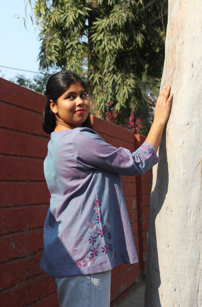 Aarohi dusty navy A-line cotton top with hand embroidery