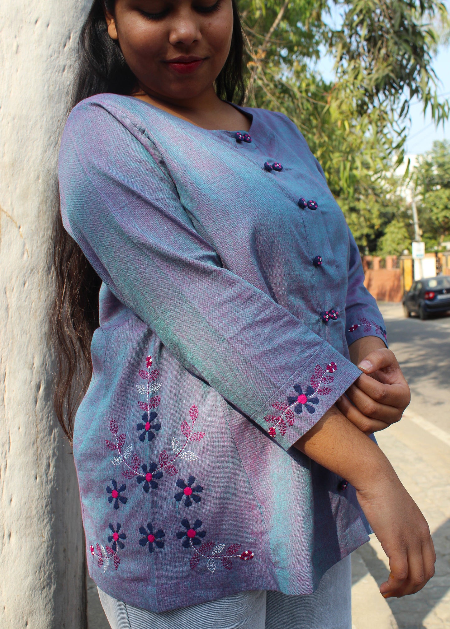Aarohi dusty navy A-line cotton top with hand embroidery
