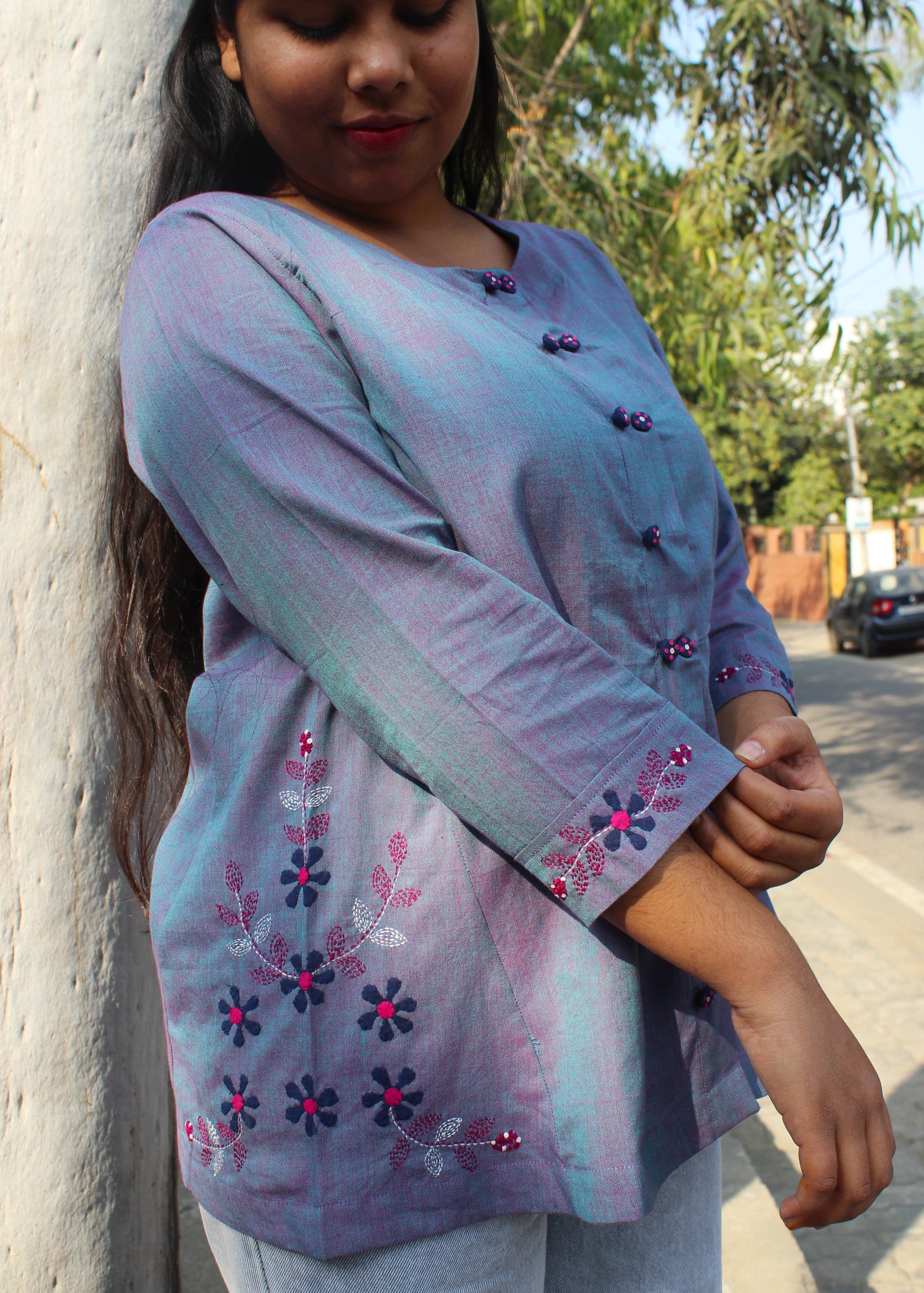 Aarohi dusty navy A-line cotton top with hand embroidery