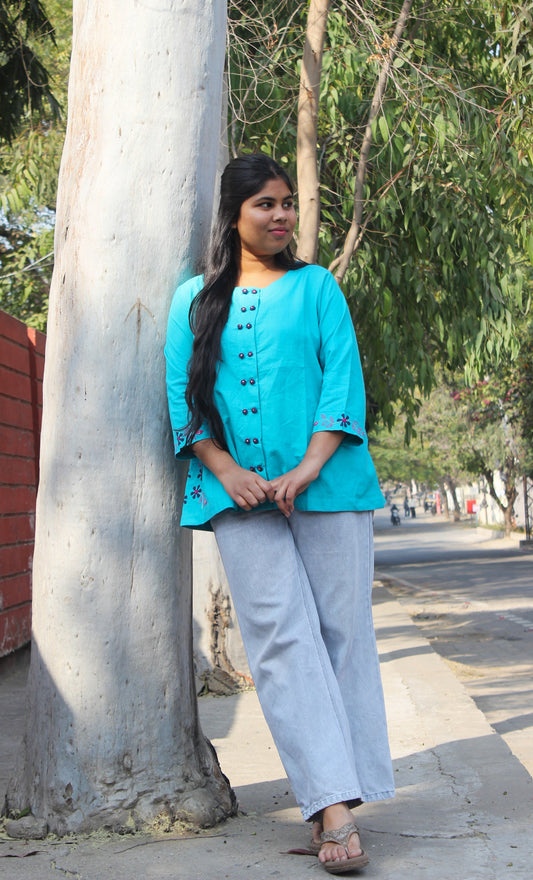 turquoise A-line cotton top with hand embroidery
