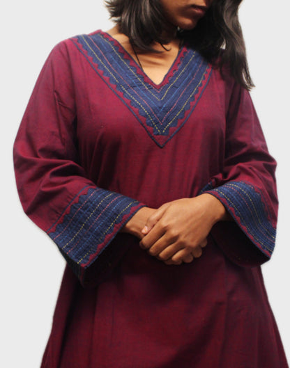 Ethnic Appliqué Aura Kurta with Handcrafted Design - Dark Burgundy