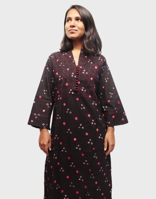 Bandhni Embroidery Cotton Kurta - Red