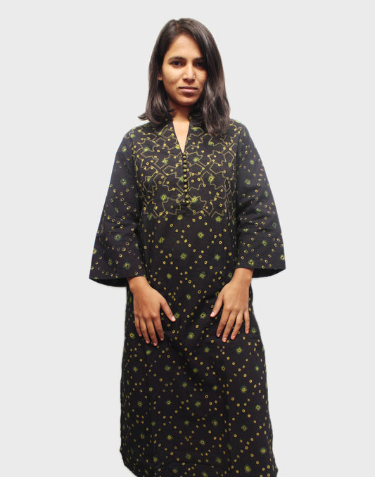 Bandhni Embroidery Cotton Kurta - Green