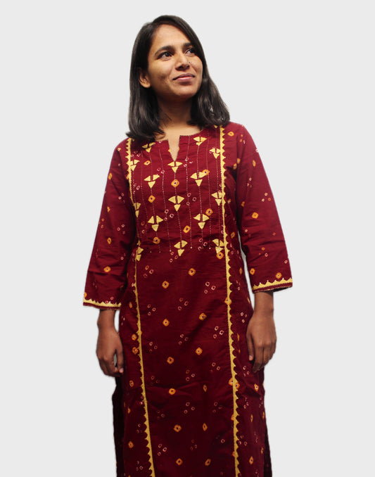 Bandhani Grace Cotton Kurta - Marron